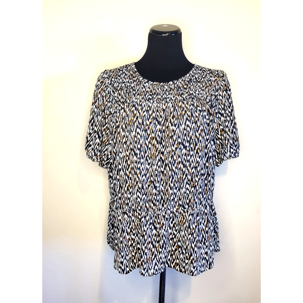 Nine West Women’s XXL Zig Zag Print Short Sleeve Blouse Gathered Waist Top